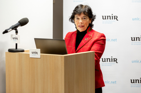 Isabel Celaá, Ministra en funciones de Educación y Formación Profesional, en la sede de UNIR en Madrid.