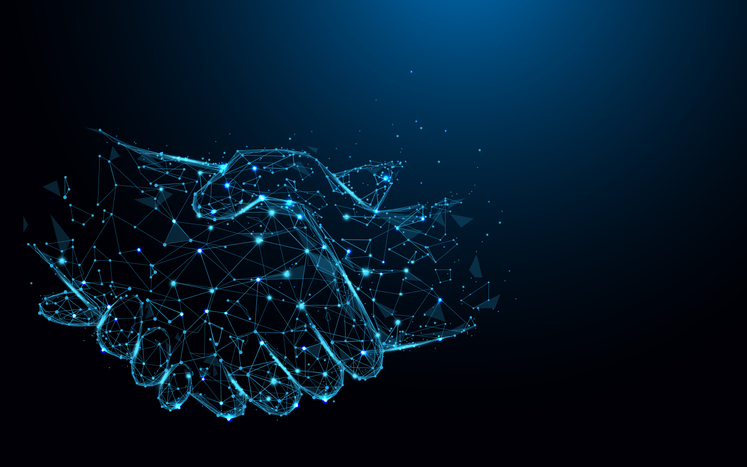 Business handshake lines and triangles, point connecting network on blue background. Illustration vector