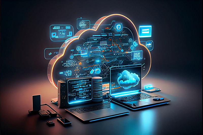 Cloud technology, computing. Devices connected to digital storag