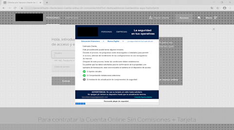 Ejemplo de Bizarro bloqueando la página de inicio de sesión de un banco y avisando al usuario de que se están instalando actualizaciones de seguridad